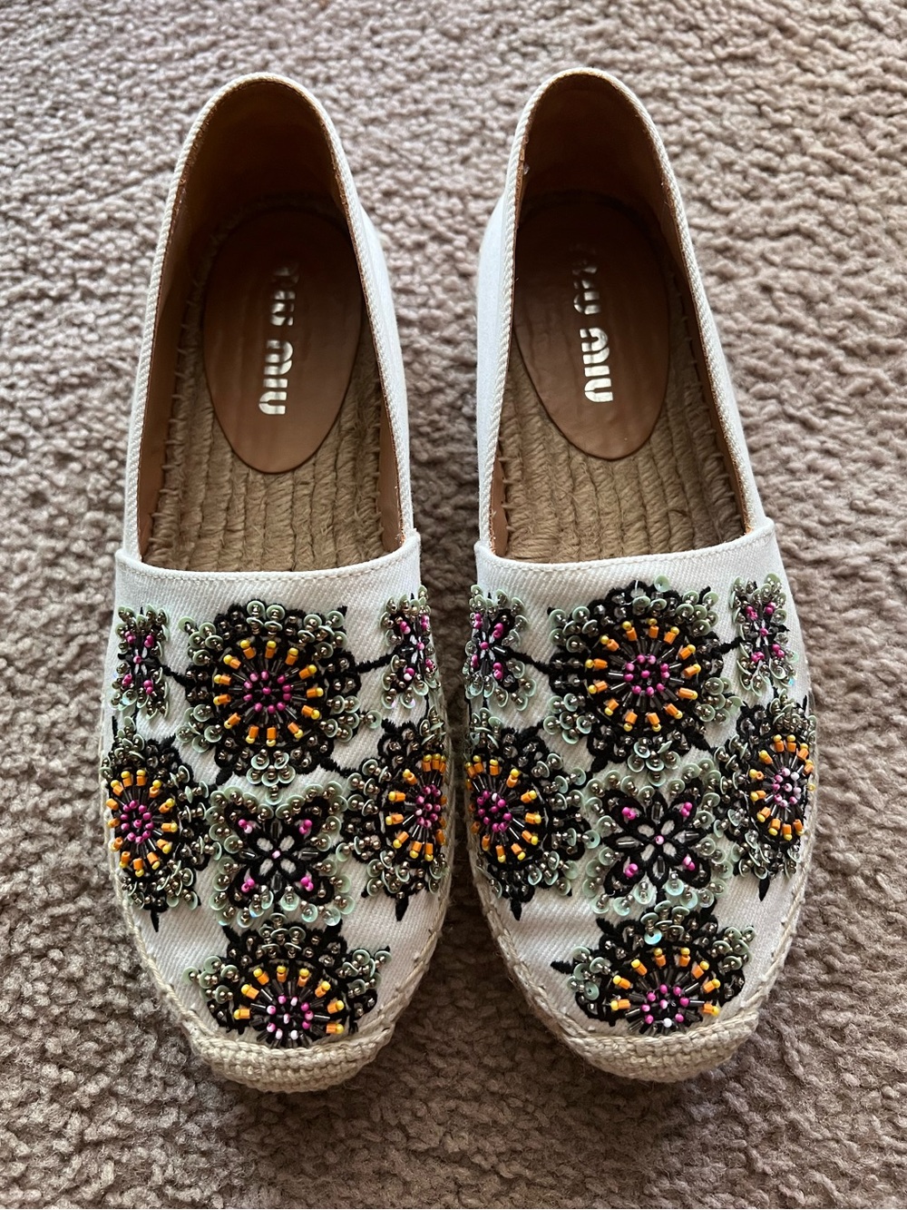 Miu Miu Embroidered Canvas Floral Beaded Espadrilles Sz 37 - Picture 2 of 12